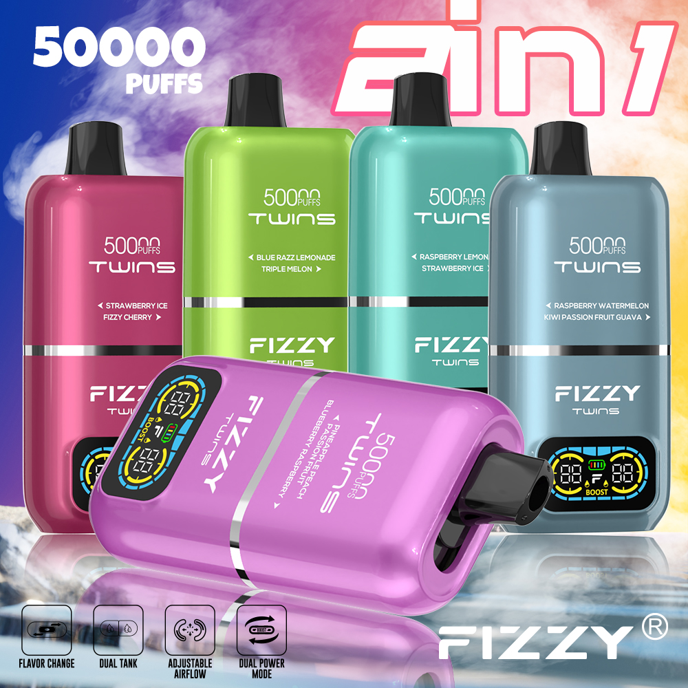 vapeableeu.com FIZZY TWINS 50K(50000) Puffs Dual flavors 50ML of e-liquid mesh coil 850mAh battery 2%/5% nicotine LCD Screen Disposable Vape