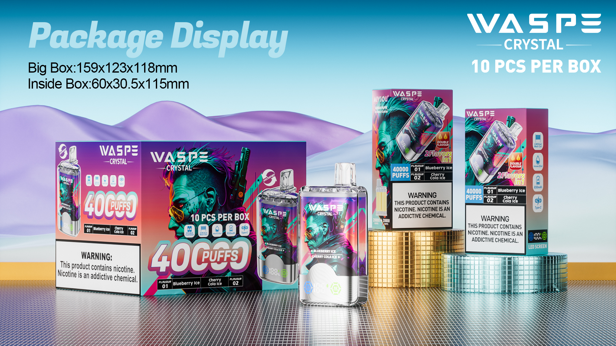 vapeableeu.com WASPE Crystal Double Flavors 40K(40000) Puffs 32mL e-liquid 0% 2% or 5% Nicotine Smart LED Display Type-C charging Disposable Vape