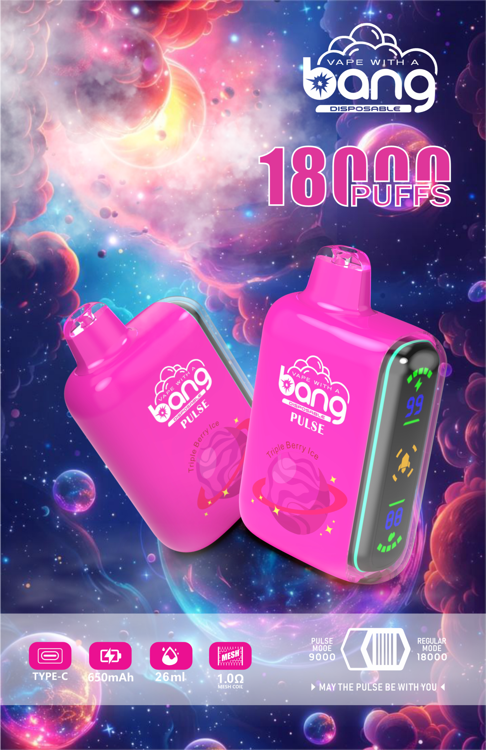vapeableeu.com Bang Pulse 18K(18000) Puffs Adjustable Airflow 26ml E-liquid 0% 2% 3% 5% Nicotine Type-C Charging Disposable Vape