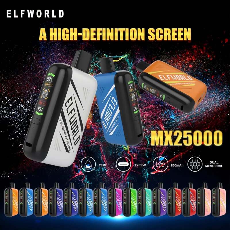 vapeableeu.com Elfworld mx25000 Puffs nicotine strengths: 0%, 2%, 3%, and 5% 3D LCD screen Display Disposable Vape