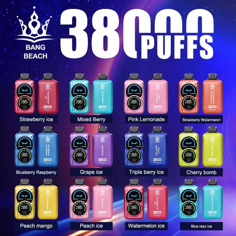 vapeableeu.com Bang Beach 38K(38000) Puffs Fingerprint LED Display 0% 2% 3% 5% Nicotine 38 ml E-liquid Disposable Vape