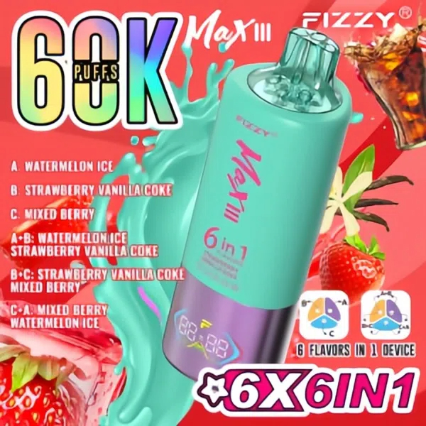 vapeableeu.com Revolutionary Experience:Fizzy Max III Six-in-One Rechargeable Disposable Vape-A 60,000-Puff Journey to Bliss, Unlocking 6 Mysterious Flavor Universes!