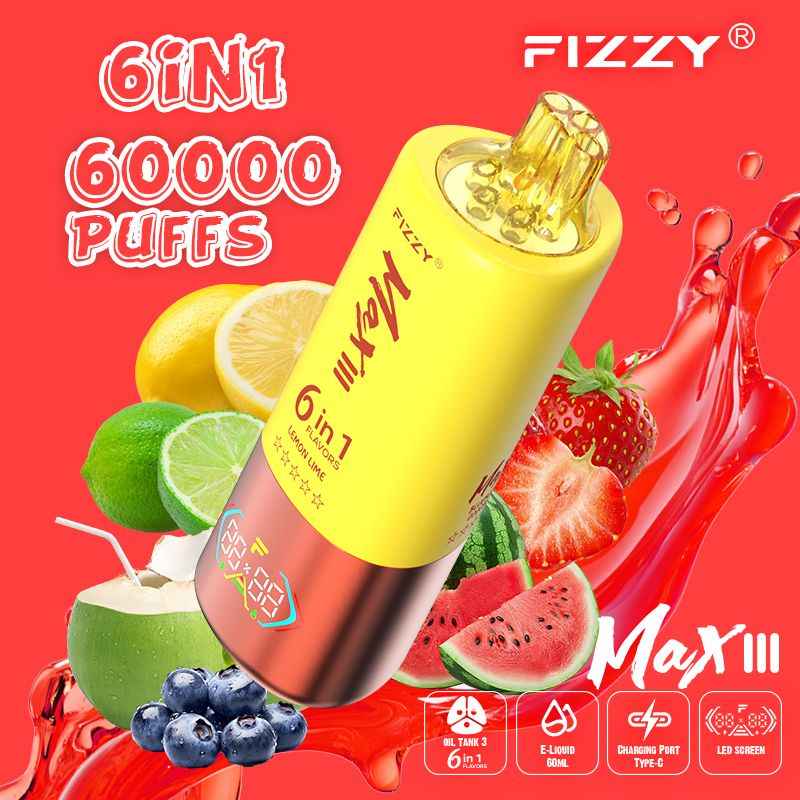 vapeableeu.com Fizzy Max III 6in1 60K 60000 Puffs Rechargeable Disposable Vape – Strawberry Watermelon & Lemon Lime & Blueberry Coconut – 10pcs